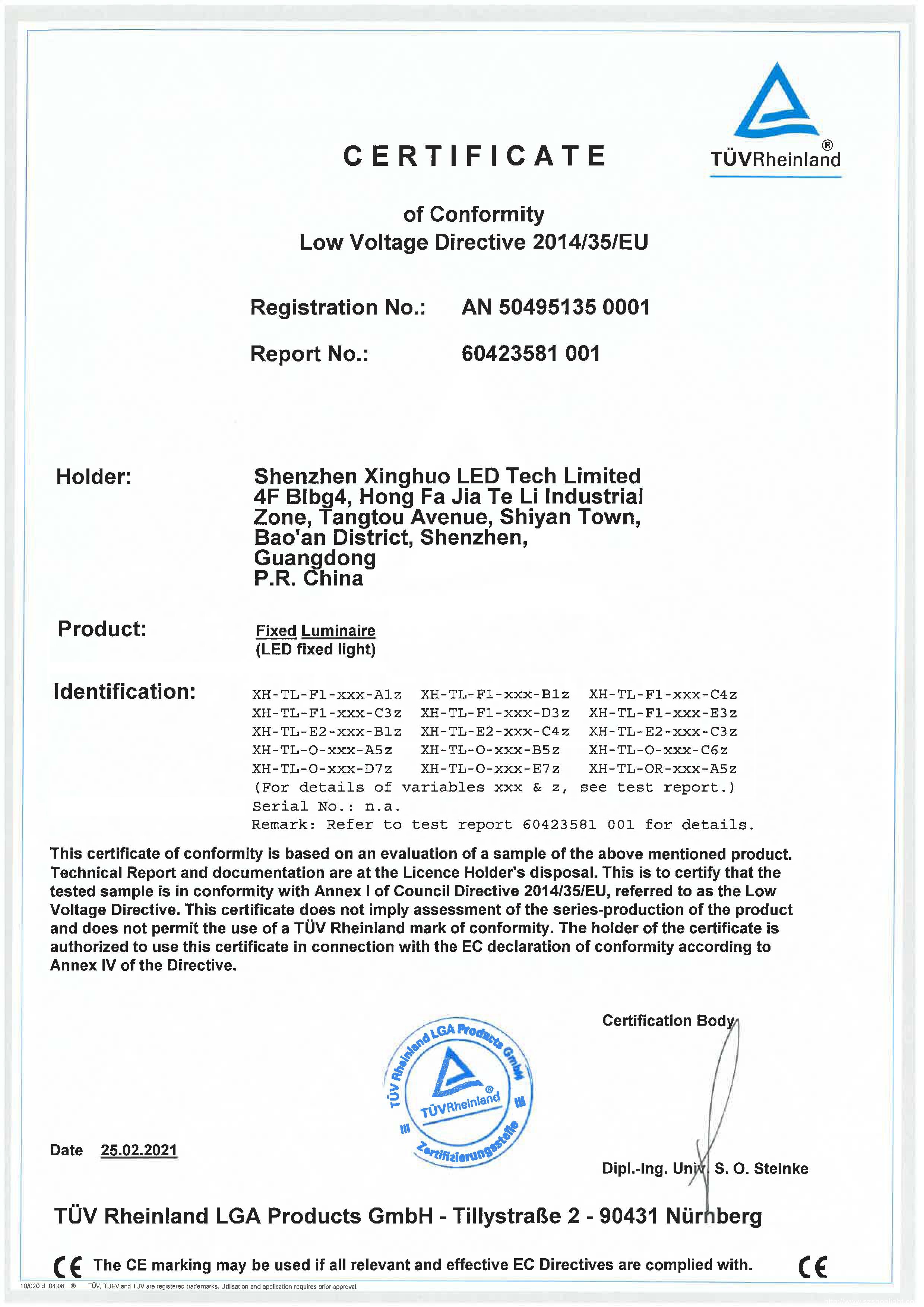 We have updated the certification to TUV
